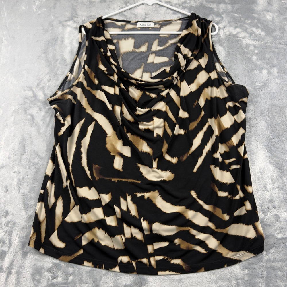 Calvin Klein Cowl Neck Sleeveless Abstract Animal Print Blouse W1LH7890 Black